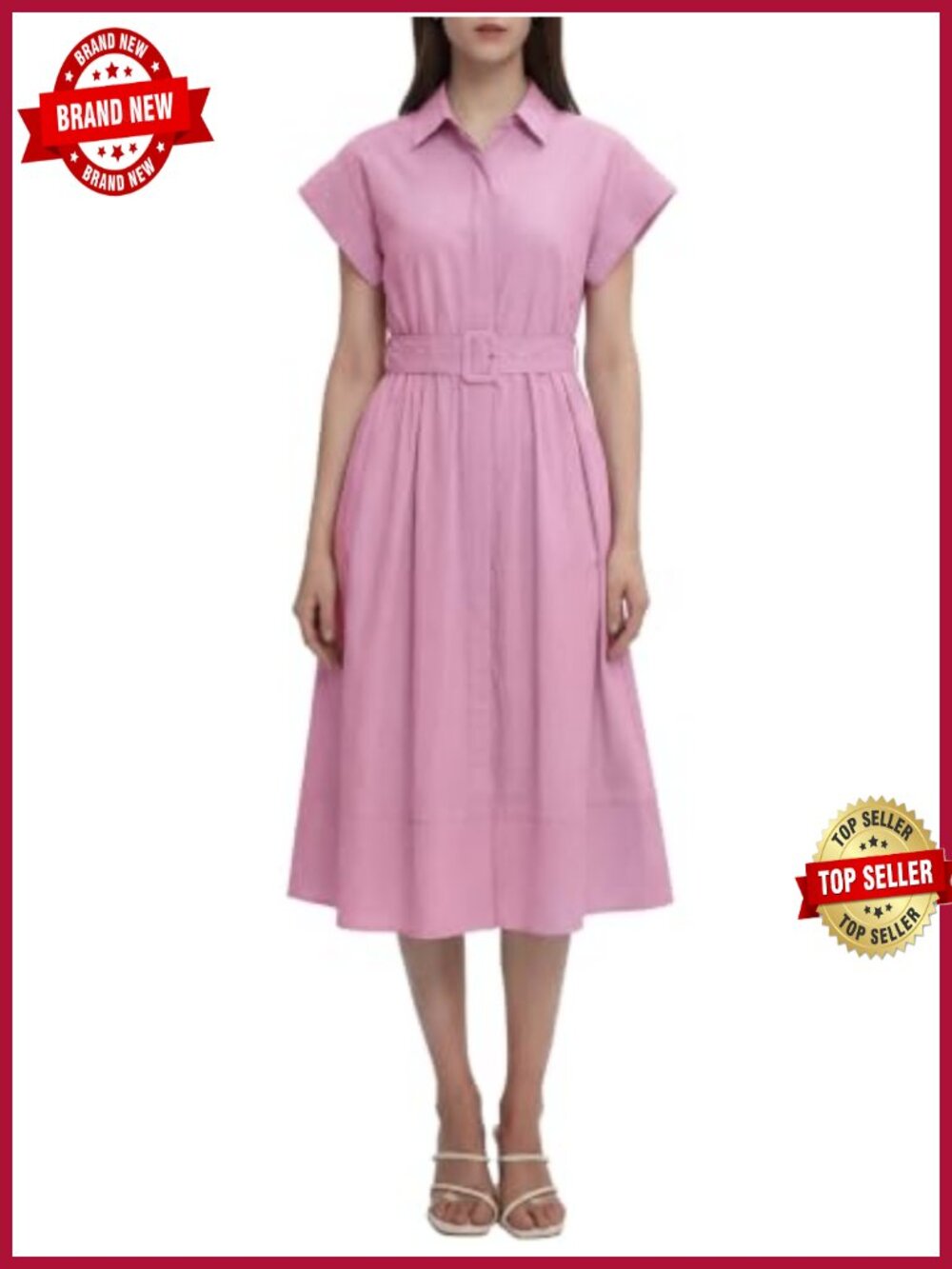 Womens Midi Shirt Dress with Belt V-Neck Short Sleeve Summer Casual